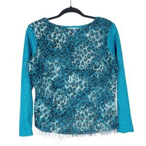 Nancy Bolen VTG Leopard Print Eyelash Shirt S Womens Teal Knit Long Sleeve USA
